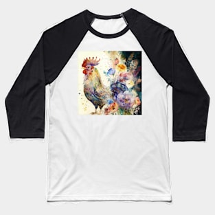 Cute Watercolor Floral Rooster, Farm Animal, Baseball T-Shirt